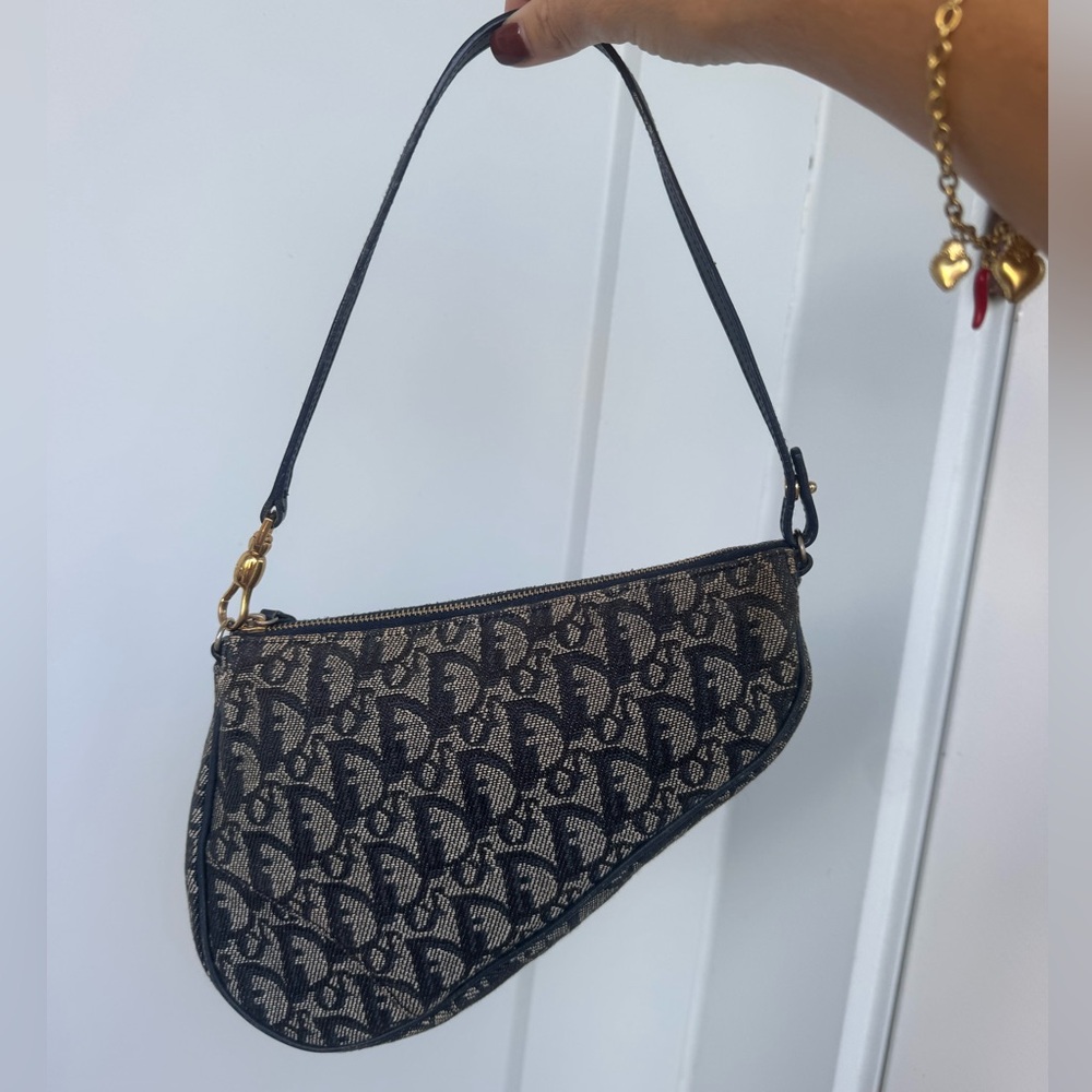 Authentic Vintage Christian Dior Oblique Saddle Bag Navy Blue Gold Hardware - Picture 4 of 11